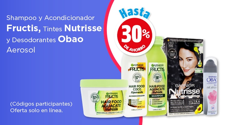 Shampoo y Acondicionador Fructis, tintens nutrisse y desodorantes Oabao hasta 30% de ahorro